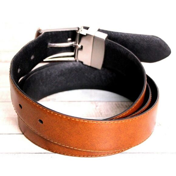 SAFFIANO BLACK BROWN GENUINE LEATHER 1.25"W REVERSIBLE DRESS MEN'S BELT 42 (X10 - Picture 6 of 11